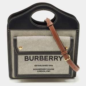 Burberry Black/Grey Leather and Canvas Mini Pocket Tote