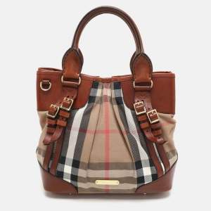 Burberry Brown House Check Canvas and Leather Bridle Whipstitch Tote