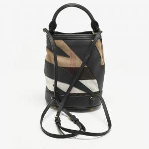 Burberry Black/ Beige Check Canvas and Leather The Bucket Backpack