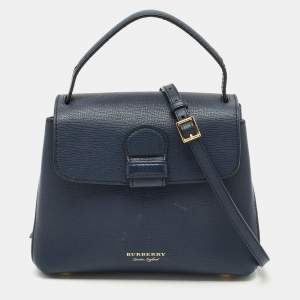 Burberry Navy Blue/Beige Leather and House Check Fabric Small Camberley Top Handle Bag