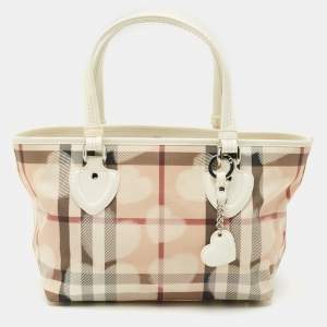 Burberry White/Beige House Check PVC and Patent Leather Open Heart Tote