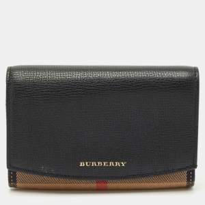 Burberry Black/Beige House Check Canvas and Leather Wellington Compact Wallet