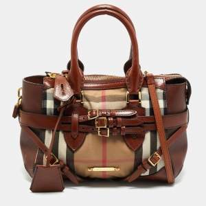 Burberry Brown/Beige House Check Canvas and Leather Bridle Lynher Tote