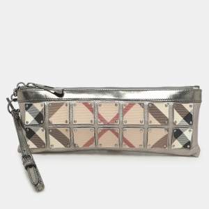 Burberry Metallic/Beige Nova Check PVC and Leather Zip Wristlet Clutch