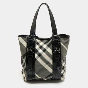 Pre Owned Burberry Black Beat Check Nylon And Patent Leather Small Lowry Tote