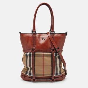 Burberry Beige/Brown Housecheck Canvas and Leather Slim Tote