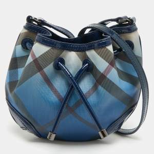 Pre Owned Burberry Blue Ombre Supernova Check Coated Canvas Drawstring Crossbody Bag