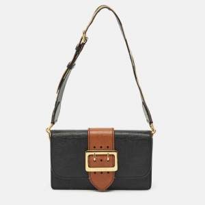 Pre Owned Burberry Black/Brown Leather Madison Buckle Flap Crossbody Bag