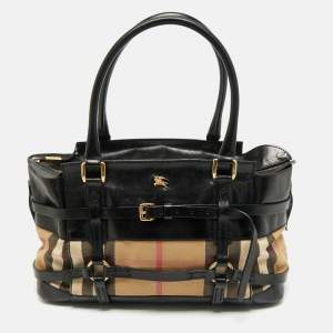 Burberry Black/Beige House Check Canvas and Leather Bridle Kent Tote
