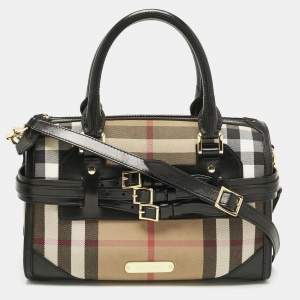 Burberry Black/Beige House Check Fabric and Leather Bridle Chester Bowling Bag