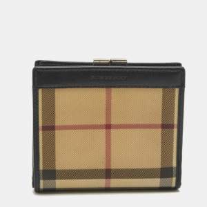 Burberry Beige/Black Housecheck Coated Canvas and Leather Kiss Lock Compact Wallet
