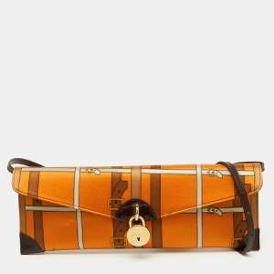 Pre Owned Burberry Orange/Brown Printed Satin and Leather Flap Clutch  