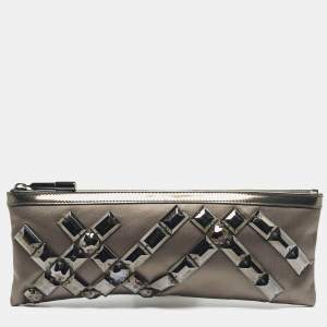 Burberry Dark Grey Satin Crystal Embellished Top Zip Clutch