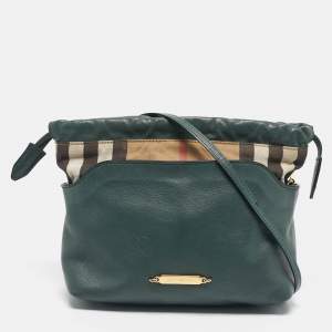 Burberry Green/Beige Leather and House Check Fabric Little Crush Crossbody Bag