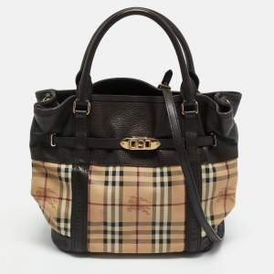 Pre Owned Burberry Choco Brown/Beige Haymarket Check Coated Canvas Medium Golderton Tote