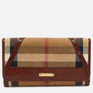 Pre Owned Burberry Brown/Beige Fabric and Leather Leighton Continental Wallet           