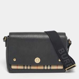 Pre Owned Burberry Black/Beige  House Check Fabric and Leather Note Shoulder Bag