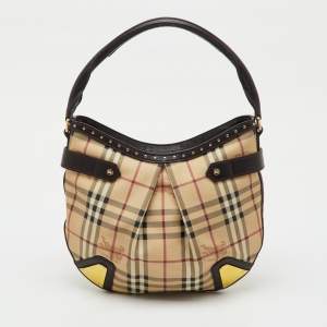 Pre Owned Burberry Brown/Beige Haymarket PVC and Leather Studded Hartley Hobo