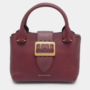 Pre Owned Burberry Burgundy Grainy Leather Small Buckle Tote