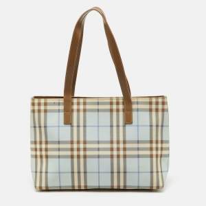 Pre Owned Burberry Light Blue/Brown Nova Check PVC and Leather Zip Tote