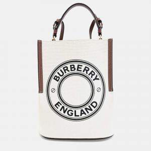 Pre Owned Burberry Brown Cream Fabric Canvas Peggy Bucket Bag