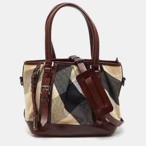 Pre Owned Burberry Beige/Brown Mega Nova Check Canvas and Leather Lowry Tote