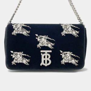 Pre Owned Burberry Lola Bag TB Logo Crystal Bag Black Velvet Rhinestone