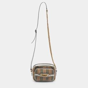 Pre Owned Burberry Silver/Beige 1983 Knight Check Fabric Chain Link Camera Bag