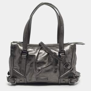 Pre Owned Burberry Metallic Grey Leather Pilgrim Tote