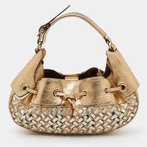 مملوكة مسبقًا Burberry Gold/Beige Woven Leather and House Check Coated Canvas Warrior Hobo