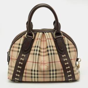 Pre Owned Burberry Brown/Beige Haymarket Check PVC Thornley Satchel