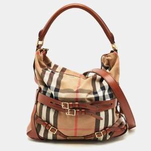 Pre Owned Burberry Brown/Beige House Check Fabric and Leather Medium Bridle Gosford Hobo