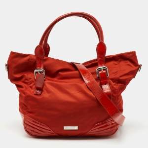 Pre Owned Burberry Orange Nylon and Patent Leather Buckle Handle Tote