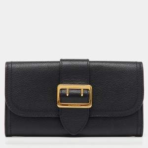 Pre Owned Burberry Black Leather Buckle Long Flap Continental Wallet 