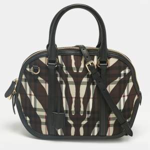 Pre Owned Burberry Black/Brown Zebra Print Haymarket Check Nylon and Leather Orchard Bowler Bag