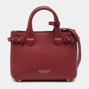 Pre Owned Burberry Red/Beige Leather and House Check Fabric Small Banner Tote
