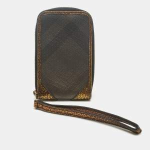 Pre Owned Burberry Gold/Brown Smoke Check Coated Canvas Zip Wristlet Pouch