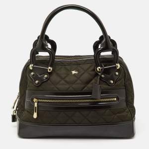 Pre Owned Burberry Dark Brown Quilted Nylon and Leather Westbury Satchel