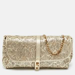Pre Owned Burberry Gold Laser Cut Leather Theia Chain Clutch