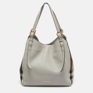 Pre Owned Burberry Grey/Beige House Check Canvas and Leather Canterbury Tote