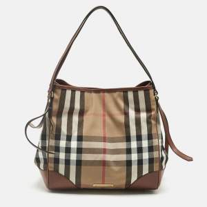 Pre Owned Burberry Brown/Beige House Check Canvas and Leather Canterbury Tote