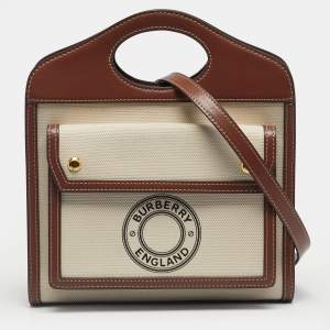 Pre Owned Burberry Brown/Cream Leather and Canvas Mini Pocket Tote