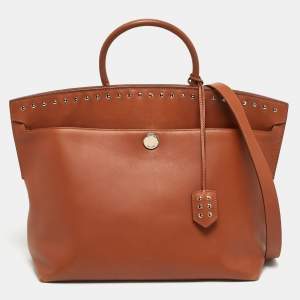 Pre Owned Burberry Brown Leather Studded Society Top Handle Bag