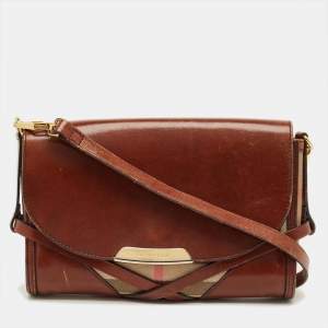 Pre Owned Burberry Brown/Beige House Check Fabric and Leather Abbott Shoulder Bag