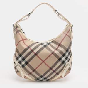 Pre Owned Burberry Beige/White Nova Check Coated Canvas and Patent Leather Barton Hobo