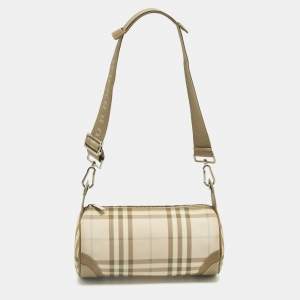 Pre Owned Burberry Pink/Beige House Check Nylon and Leather Barrel Bag
