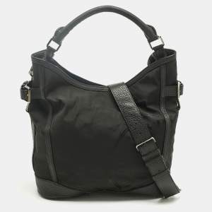Pre Owned Burberry Black Leather and Nylon Logo Hobo