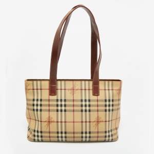 Pre Owned Burberry Beige/Brown Haymarket Check Coated Canvas and Leather Tote