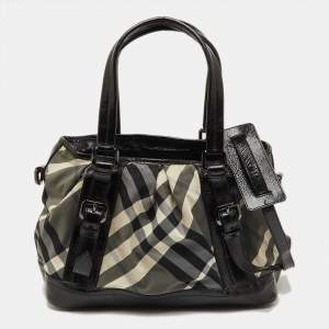 Pre Owned Burberry Black/Grey Beat Check Nylon and Patent Leather Medium Lowry Tote