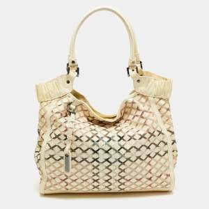 Pre Owned حقيبة يد بربري كانفاس مربعات نوفا و جلد لامع مجدول أبيض و بيج